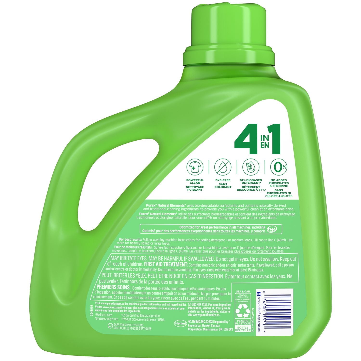 Purex détergent à lessive liquide concentré 4-en-1, Natural Elements, lin et lis, sans colorants ajoutés, 4,43 litres, 110 brassées