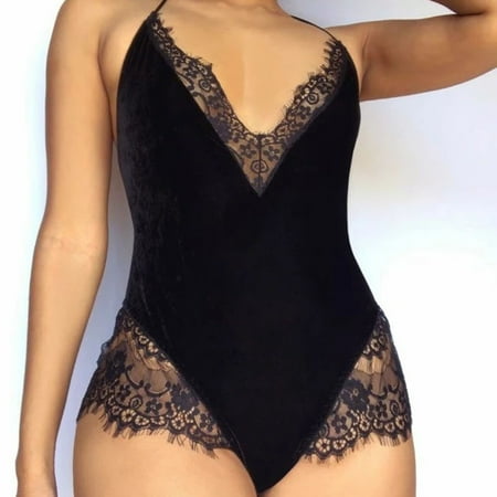 

sebulube Women Sexy Lace One-Piece Lingerie Babydoll Deep V Teddy Bodysuit Underwear