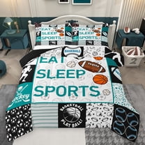 Homewish Kids Teens Baseball Basketball Football Print Full Size Comforter Sets 3-Piece,Eat Sleep Sports Bedding Comforter Set,Geometric Plaid Lightweight Bedding Sets,Microfiber Bedroom Decor