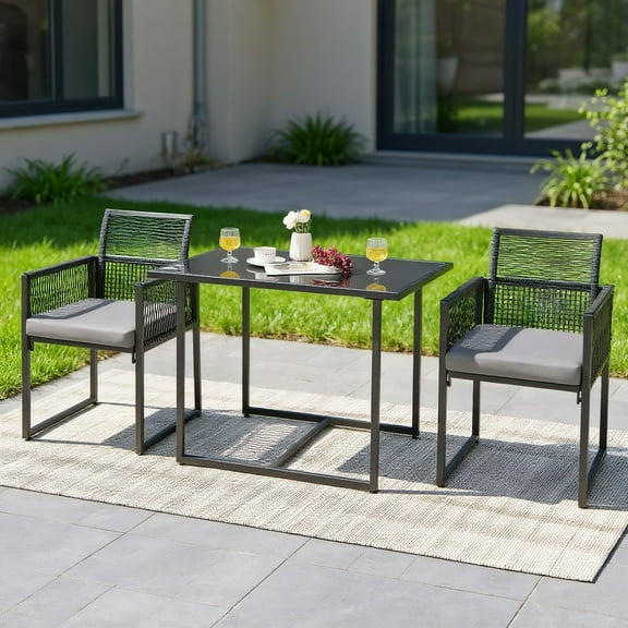 YYAo Patio Dining Table, Outdoor Dining Set, Picnic Set, 3 Pieces Outdoor Dining Set with Folding Backrest and Seat Cushions-Black