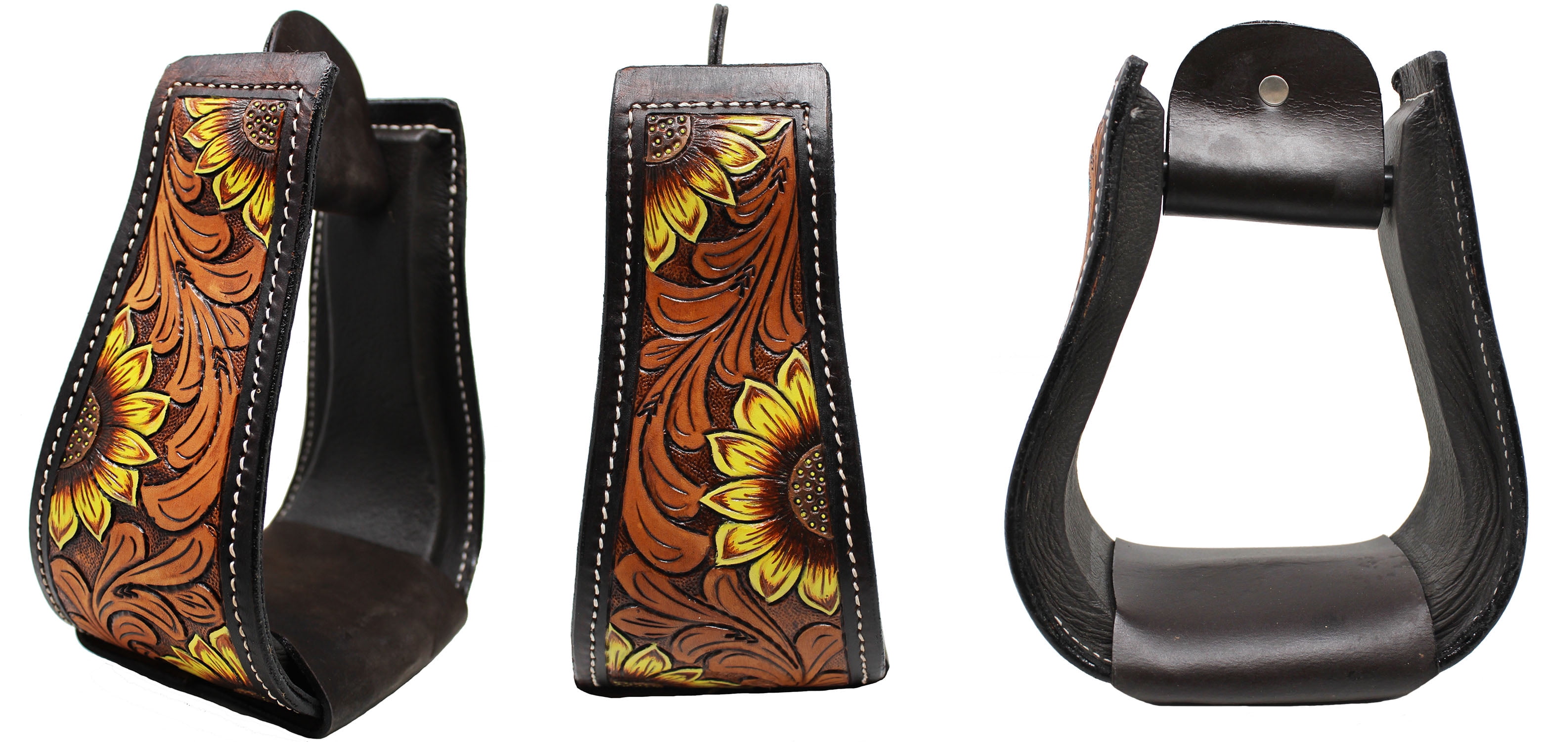 Horse Saddle Stirrups Floral Tooled Leather Covered Western Tack Bell