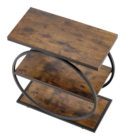 KFFKFF 3-Tier Narrow Side Table with Open Shelves, Modern Nightstand with Round Metal Frame, Wooden Sofa Coffee Table for Living Room, Bedroom, Office, Rustic Brown