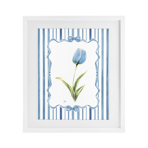 Stupell Industries Coastal Blue Tulip & Ribbon Border White Framed Print Under Glass, 17 x 21, by Nan