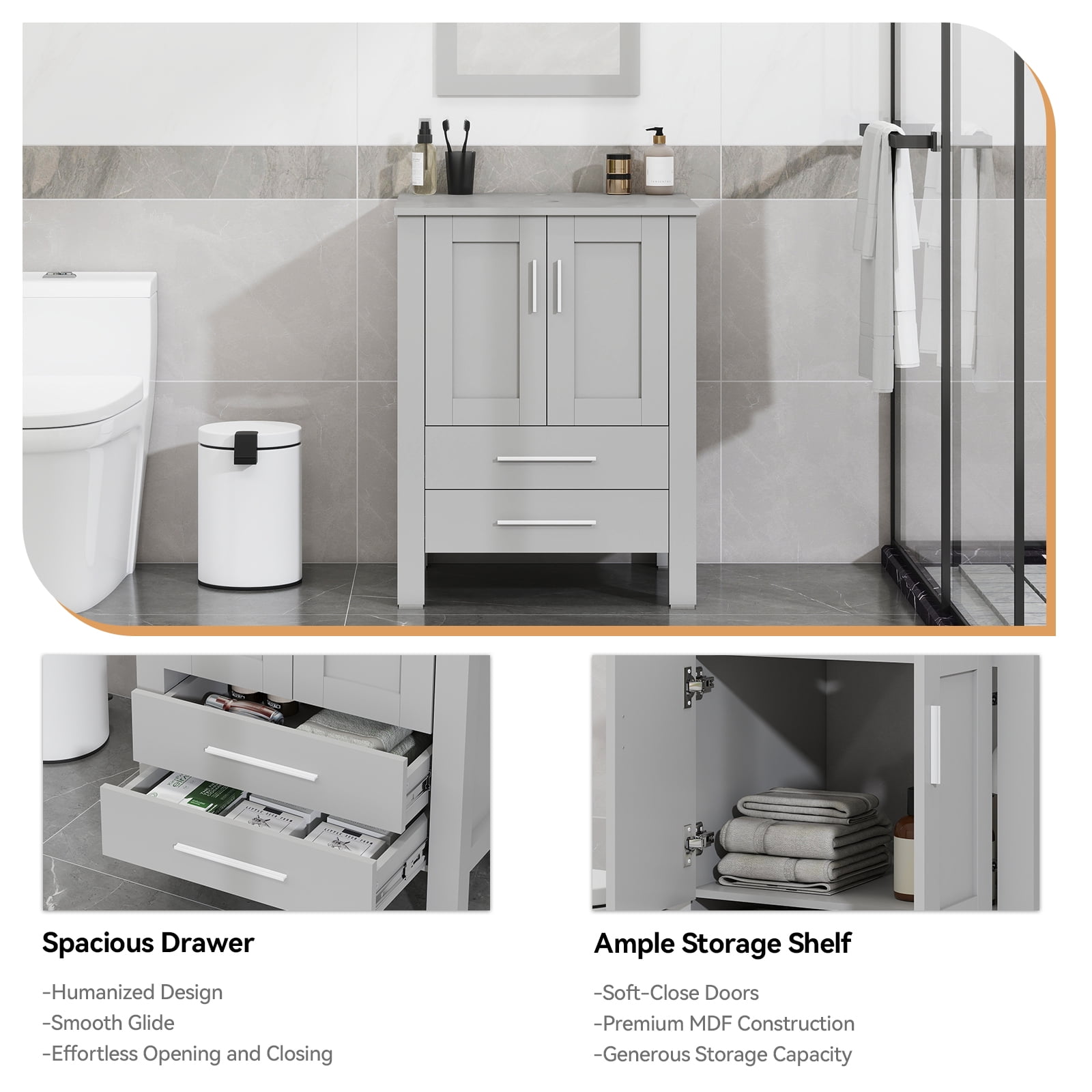 ELECWISH 24-Inch Bathroom Vanity in Gray with Mirror and Round Sink Set, Modern Stand Pedestal Cabinet with White/Black Ceramic Sink Set