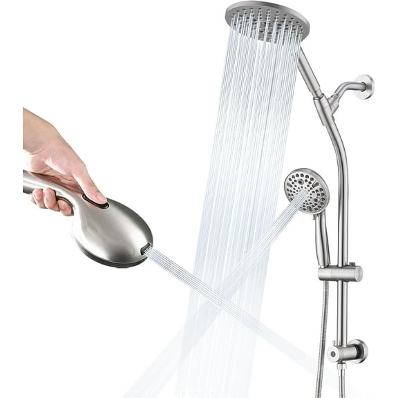 High Pressure Shower Head with Handheld Shower, 26" Adjustable Height Drill-Free Slide Bar, 3-Way Diverter for Easy Reach, Dual Shower Head Combo Set with 5ft Hose - Brushed Nickel