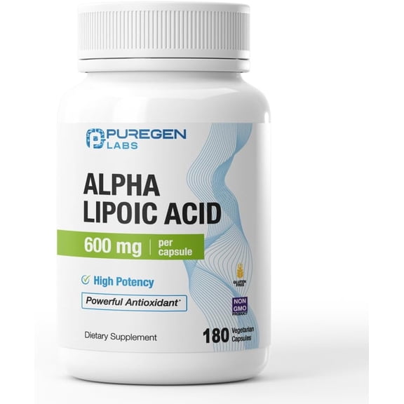 Puregen Labs Alpha Lipoic Acid 600mg [High Potency] 180 Veggie Caps, Antioxidant Support | No Harmful Additives | Non-GMO, NO Gluten and Dairy, 600 mg per Capsule - 1PK