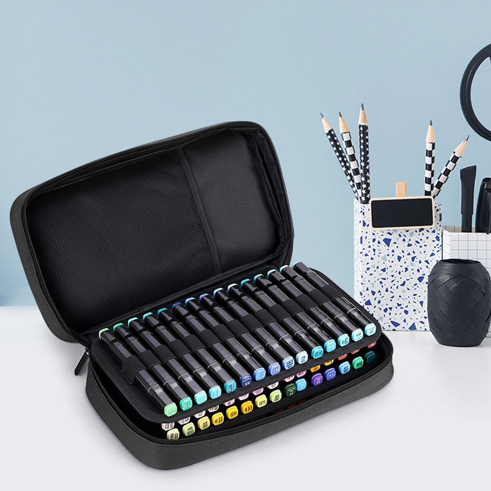 DZQMTKX Large Capacity Storage Pouch, 60 Slot Marker Organizer for Artists, Travel Makeup Bag with Handle, Canvas Cosmetic Case for Accessories, Desk Organizer Pouch for Office Supplies