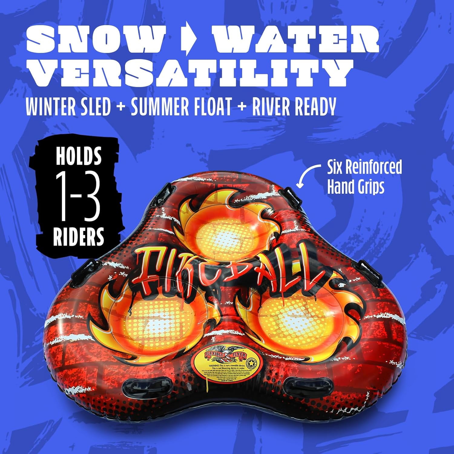 Flexible Flyer 60" Fireball Inflatable Tube Sled - 3-Person Snow Tube and Large Pool Float for Year Round Fun - Heavy Duty Triple Sled with Handles for Kids and Adults