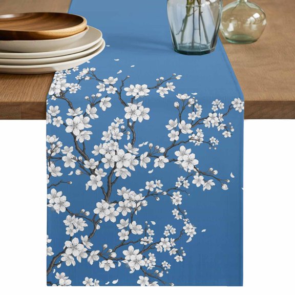 Spring Floral Table Runner 72 Inches, White Cherry Blossom Fowers Sky Blue Bed Runner Dresser Scarves Tabletop for Indoor Outdoor Parties/Ceremony/Banquet, 13" x 72"