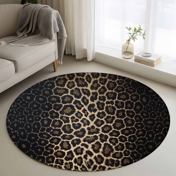 3.3ft Round Rug, Leopard Print Non-Skid Rubber Backing Large Area Rugs - Living Room Bedroom Home Office, Chic Abstract Black Brown Animals Texture Indoor Floor Mat Carpets Washable Rug
