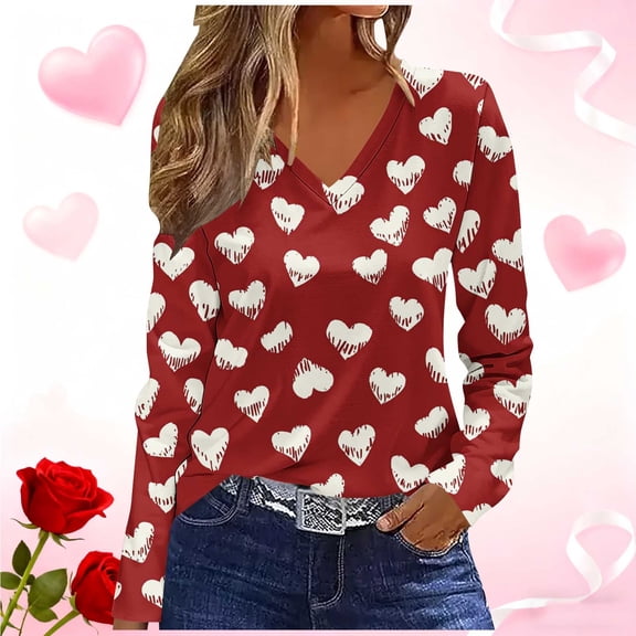 AUNVITO Women's Valentine's Day T-shirt Long Sleeve V-Neck Pullover with Print Casual and Trendy Loose Fit