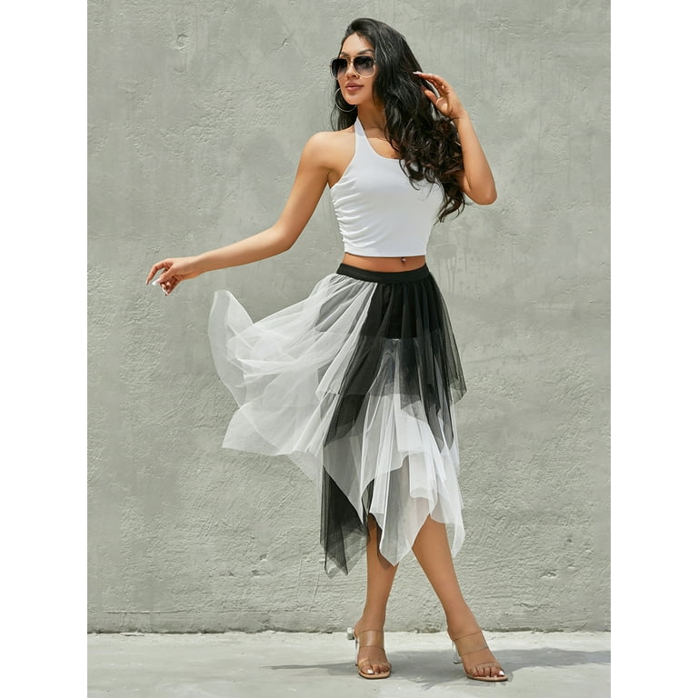 Women s Tulle Skirt Formal High Low Asymmetrical Midi Tea Length Elastic Waist Tutu Skirts