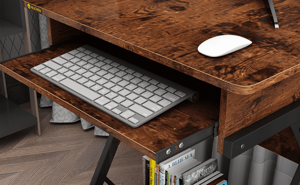 NEWSENDY Mobile Computer Desk with Pull-out Keyboard Tray & Lower Storage Shelf – Rustic Wood Finish Sturdy Fixed-Height Workstation for Adults
