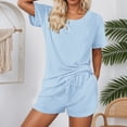 thumbnail image 2 of Womens Shorts 2 Piece Sets Summer Short Sleeve Drawstring High Waisted Shorts Matching Crop Athletic Relaxed Fit Tops Sports Clothes Light Blue XXL, 2 of 4