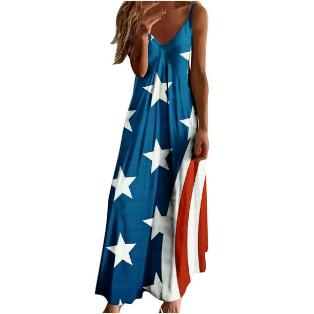 Vestido largo de playa ajustado con estampado de rayas sin mangas con cuello en V y cintura media a la moda para mujer del Día de la Independencia Pompotops ghjkhdj8406