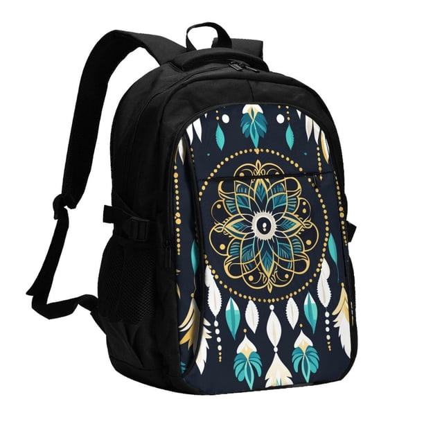 Balery Boho Dreamcatcher Mochila con carga USB para hombre y mujer - Mochila impermeable y antirrobo para laptop con puerto USB para viajes, trabajo