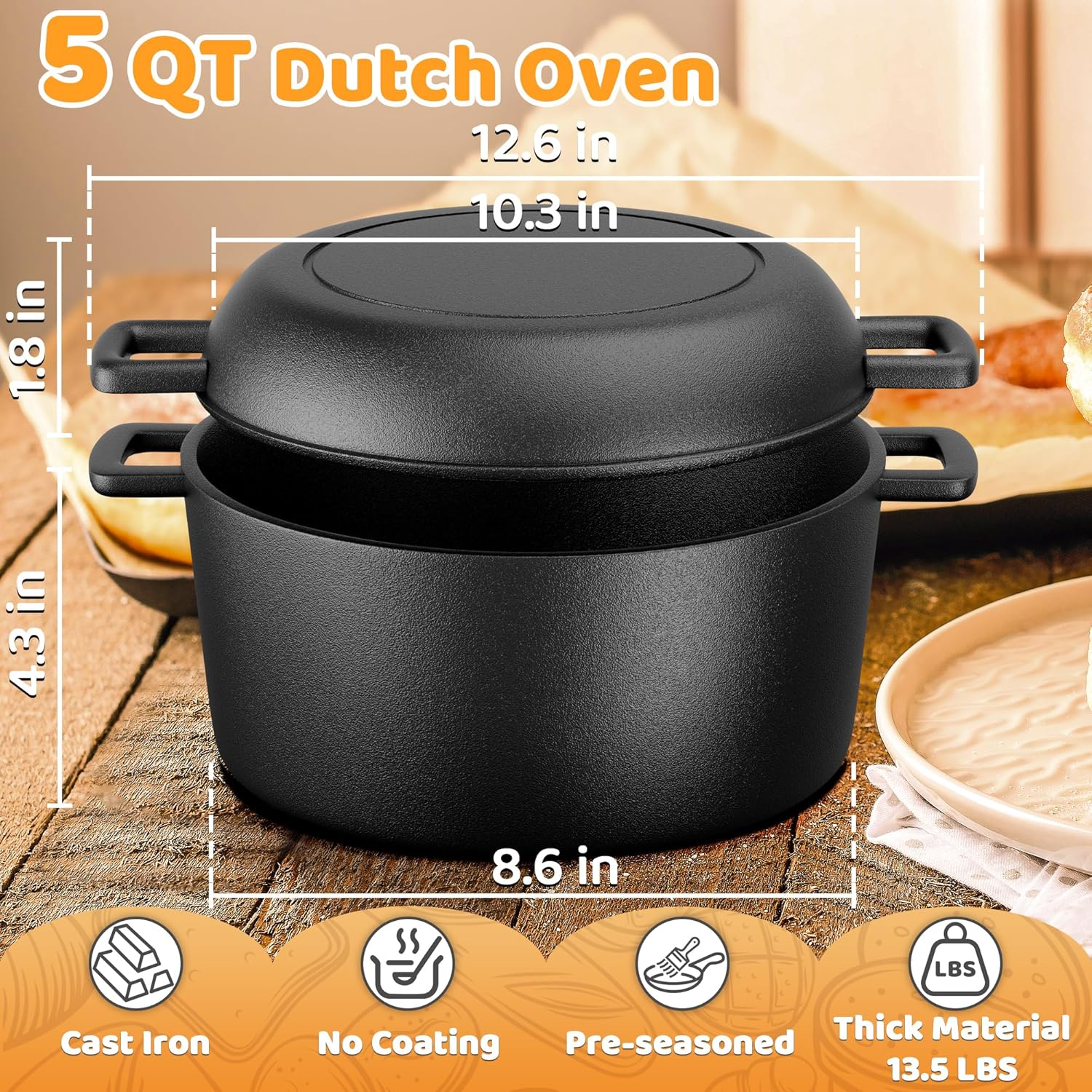 Gijjgole 5-Quart Pre-Seasoned Cast Iron Dutch Oven photo 4