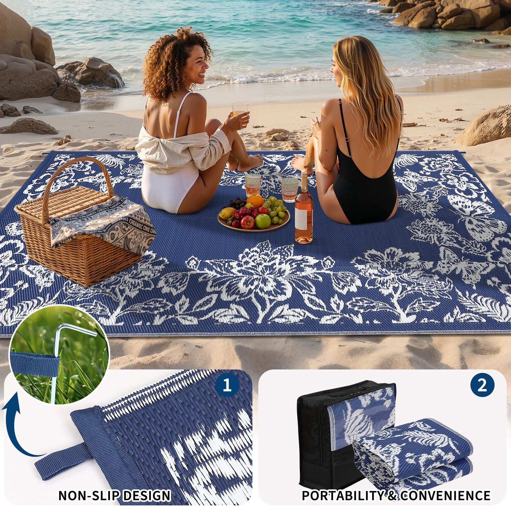 Nanan 9x12 Ft Outdoor Patio Rug, Plastic Straw Rug, Modern Waterproof Reversible Outdoor Rugs for Camping Picnic Backyard Balcony, Dark Blue