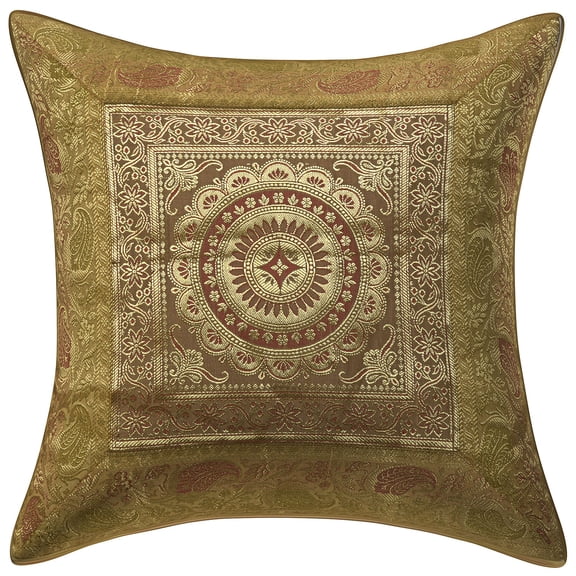 Stylo Culture Indian Decorative Throw Pillow Cover 16 x 16 Jacquard Gold Square 40cm x 40cm Home Decor Brocade Floral Mandala Zippered Cushion Cover | 1 Pc