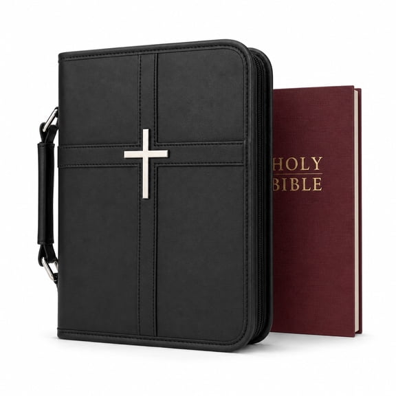 Bible Cover Case, PU Leather Bible Case and Bible Bag for Men and Women, Carrying Bible Cover with Handle, Zipper Pocket and Cross, Christian Gift