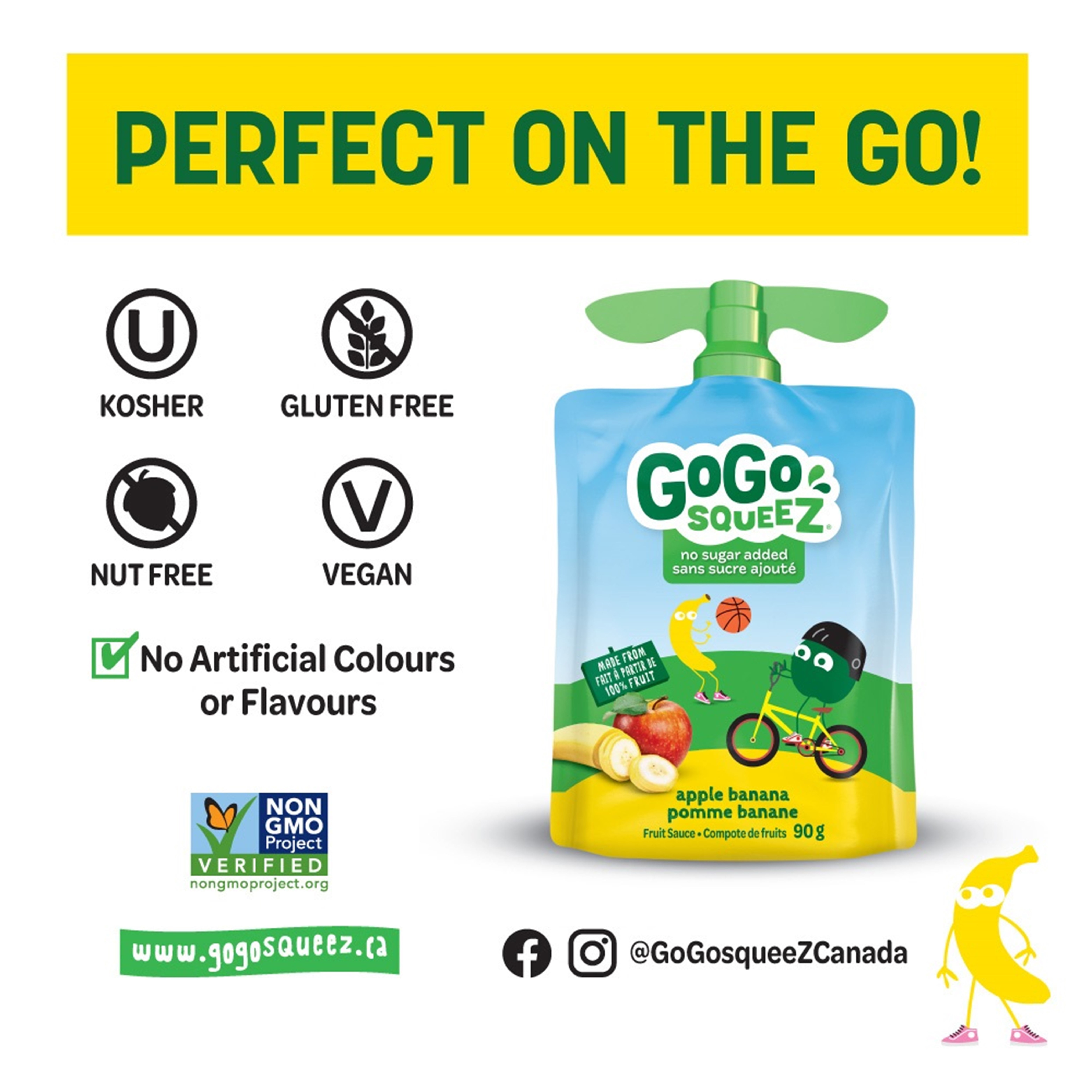 Compote de fruits GoGo squeeZ, pomme banane, sans sucre ajouté. 90 g par gourde, emballage de 4 4 gourdes x 90 g (360 g)