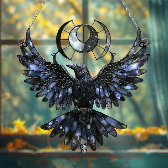 Midnight Crow Acrylic Suncatcher, Gothic Faux Stained Glass Moon Phase and Raven Window Decor, Dark Academia Gift For Raven Lovers