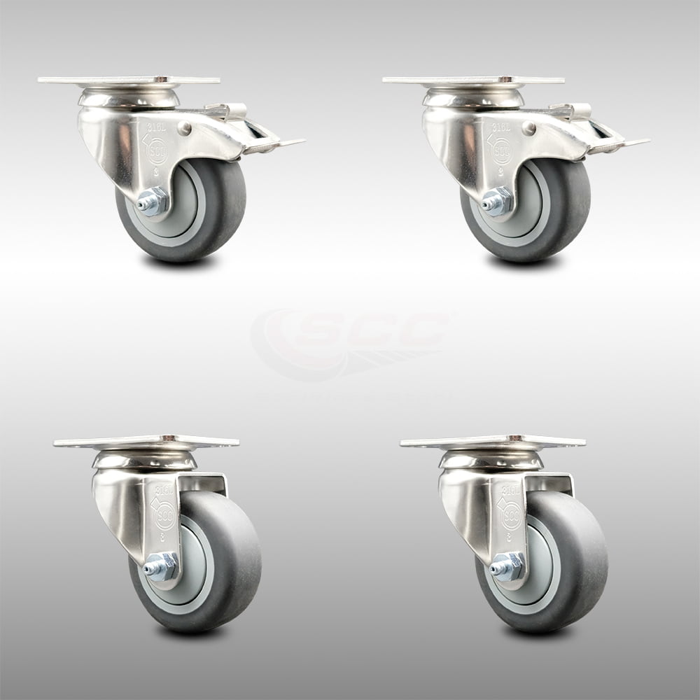 2 4" x 2" Stainless Steel Caster Set of 4 Swivel Casters with Locking Brakes 