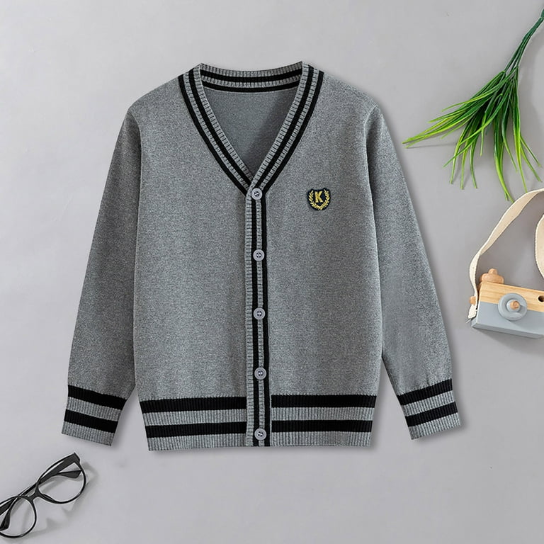 Yindaity Boys Cardigan Boys Cardigan Kids School Uniform Sweater 100%  Cotton Knit Boys Sweaters Button Crewneck Toddler Cardigans(Grey,9-11 Years)