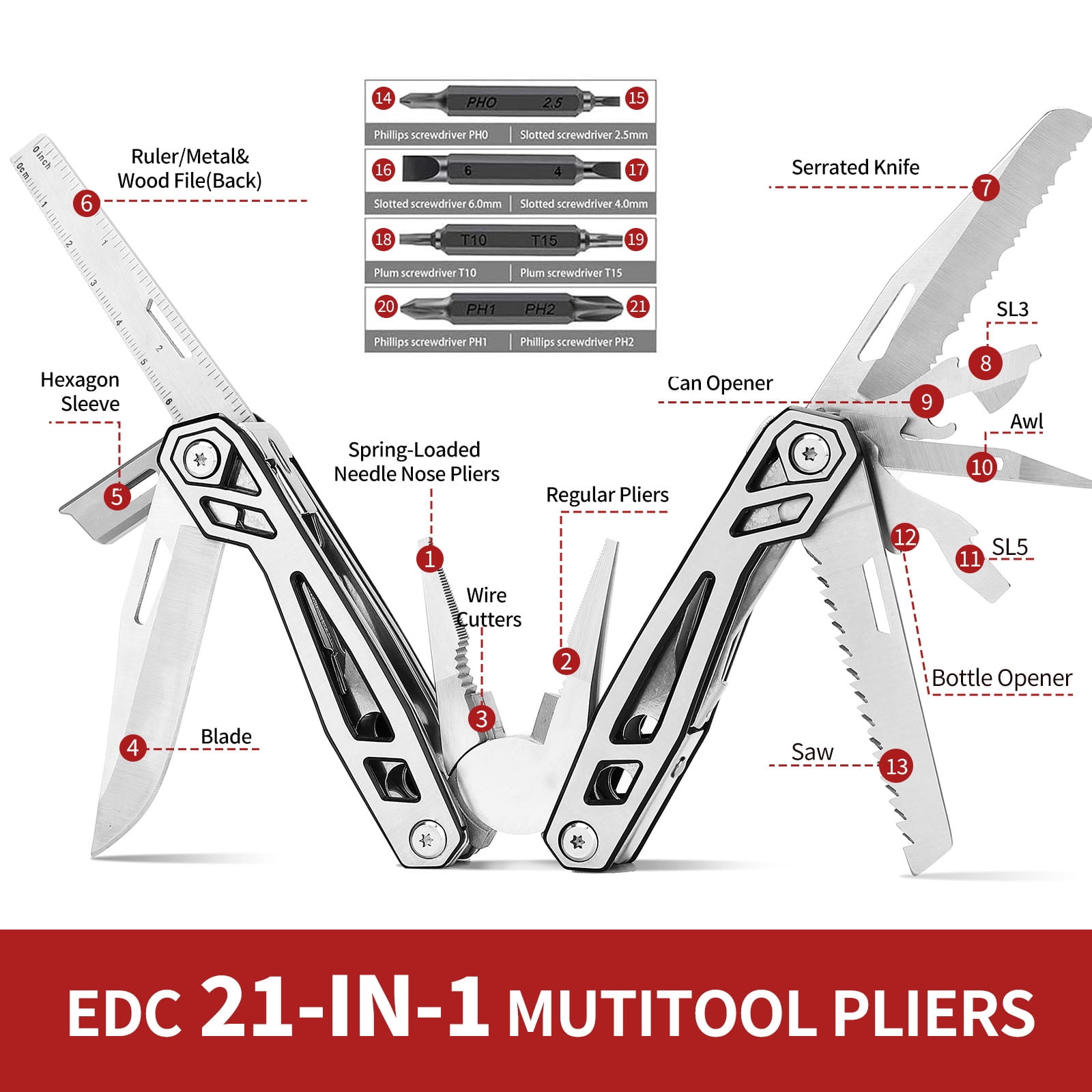 Tawom 21-in-1 Multitool Pocket Knife, Stainless Steel Pliers With Screwdrivers, Self-locking Multi Tools with EDC Gear, Ideal for Outdoor, Camping, Birthday, Father's Day Gifts For Men