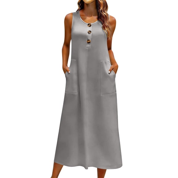 qafoshin Summer Dress for Women Classic Crew Neck Sleeveless Solid Color Sundress Flowy Long Dress