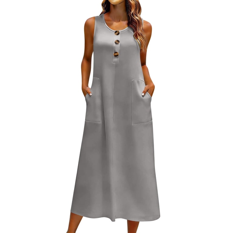 QIUOMBBP Womens Summer Maxi Dresses Sleeveless Button Design Long House Dress with Pockets Loose Casual Sundress for Vacation Gray S - Walmart.com QIUOMBBP Womens Summer Maxi Dresses Sleeveless Button Design Long House Dress with Pockets Loose Casual Sundress for Vacation Gray S - Walmart.com