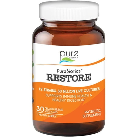 PureBiotics Restore Probiotics 30 Billion CFU - 12 Strains for Immune Support and Digestive Health for Men and Women by Pure Essence - 30 Capsules