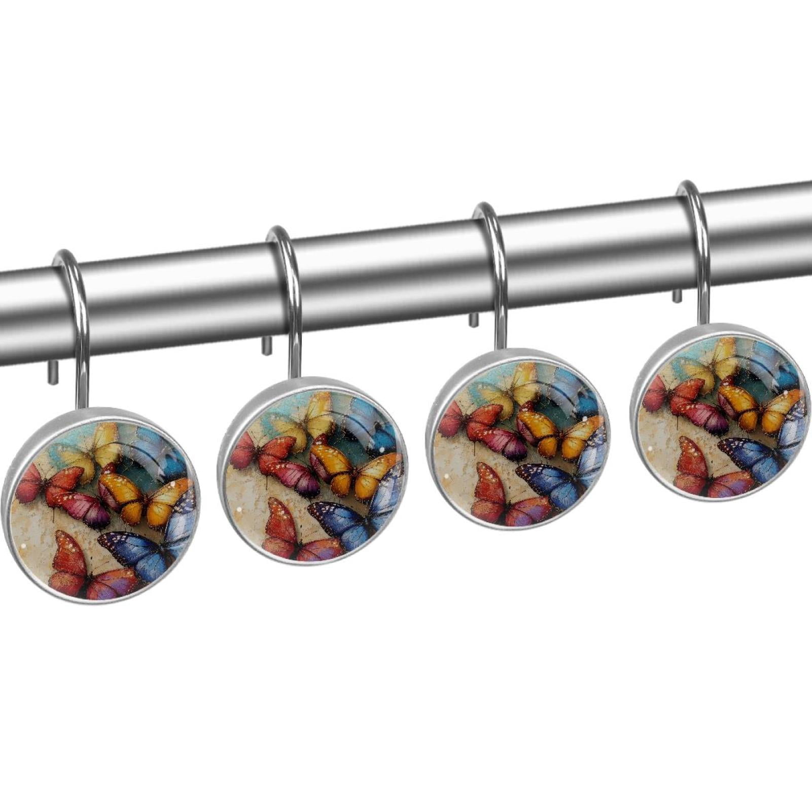 Colorful Butterflies Shower Curtain Hooks Round Crystal Glass, Set of 12 Shower Curtain Rings - Shower Hooks for Curtain Shower Rings