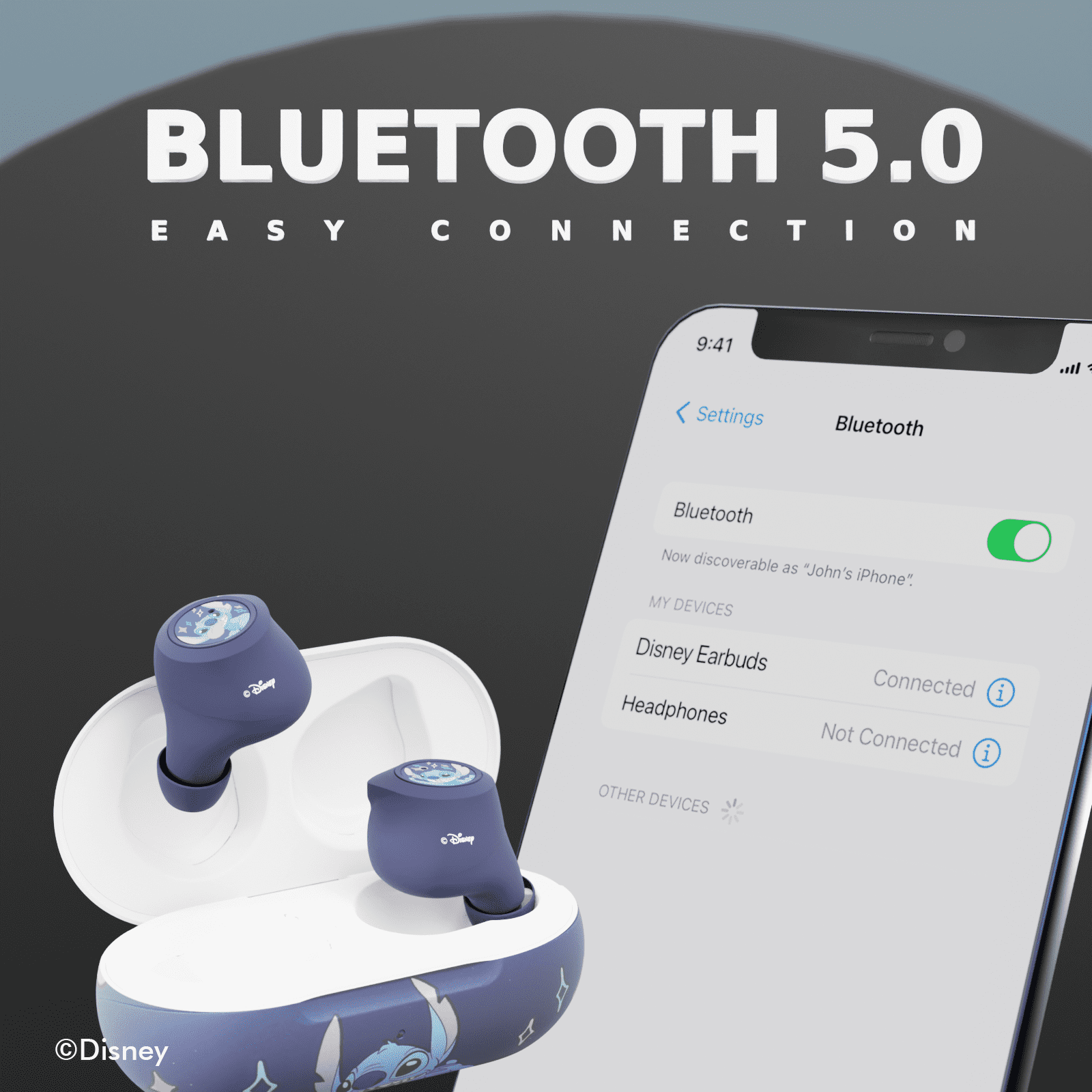 Disney Lilo and Stitch Wireless Bluetooth Earbuds with Mic, Touch Control, 30H Playtime, Charging Case