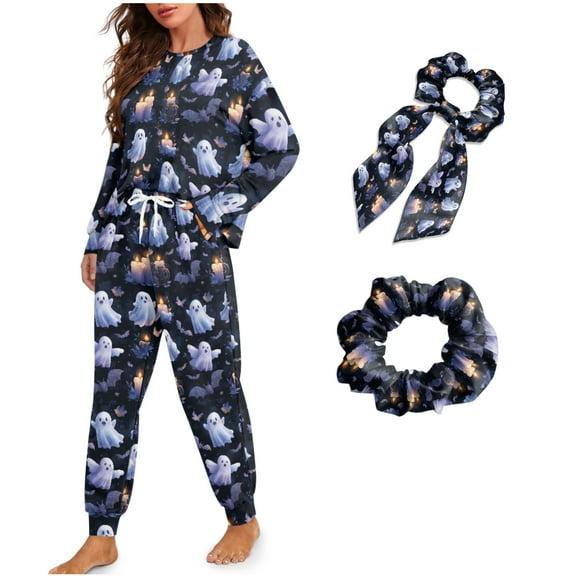 DISNIMO Ghost Bat Print Women Pajama Sets 4 Piece Lounge Sets with Elastic Hairband Crew Neck Sleepwear with Pockets Casual Loose Nightwear with Long Pants, S