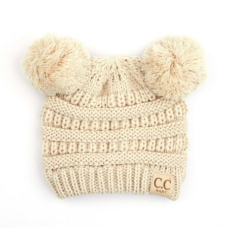 

C.C Kids Babies Soft Stretch Cable Knit Faux Fur Pom Pom Beanie Hat Solid Beige
