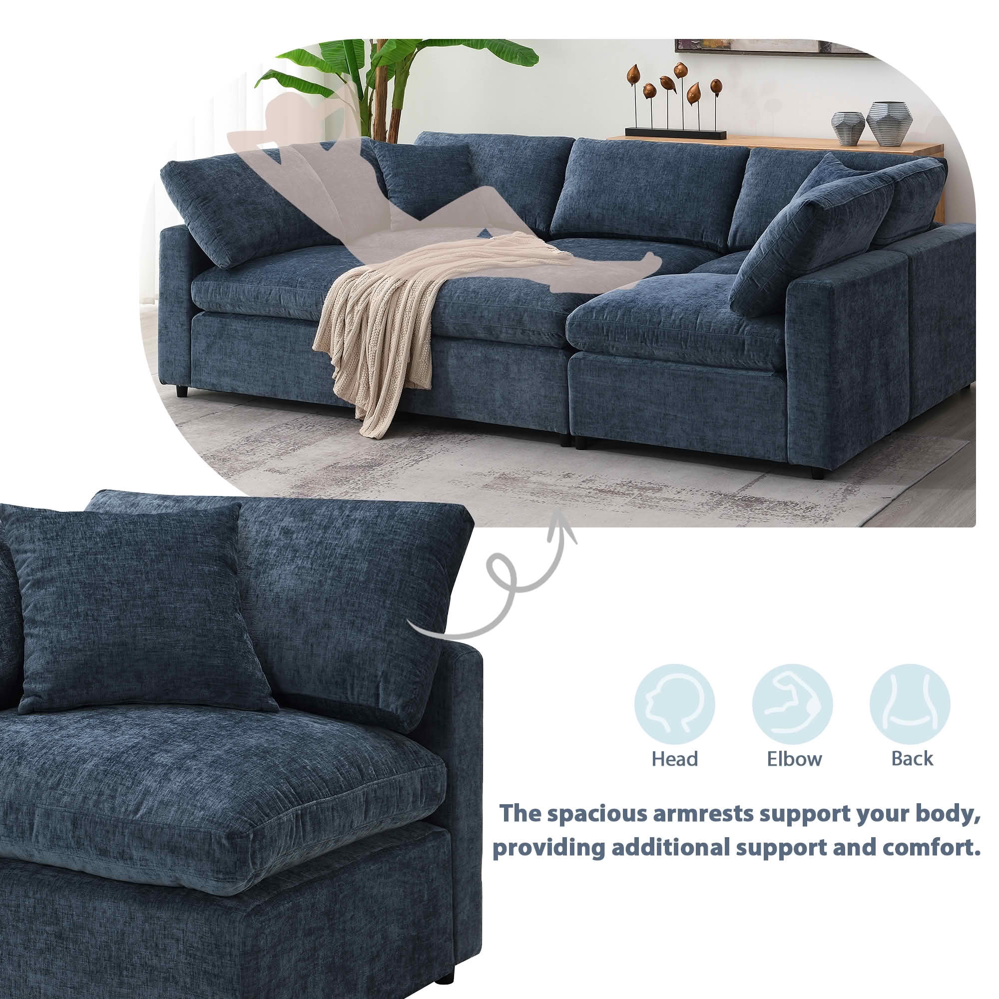 MAYEERTY 130x65" Modular Cloud Sofa Bed - 6-Seat Chenille, Convertible U-Shaped with Ottoman