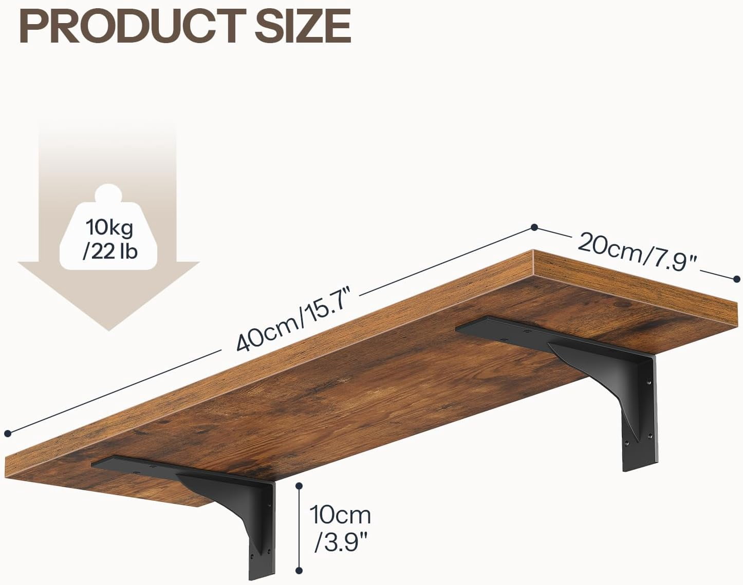 Floating Shelves for Wall, 15.4" Wall Mounted Shelves Set of 2, Hanging Storage Shelf with Metal Brackets, Wooden Shelf for Living Room, Bedroom, Bathroom, Rustic Brown and Black BF42BJP201G1