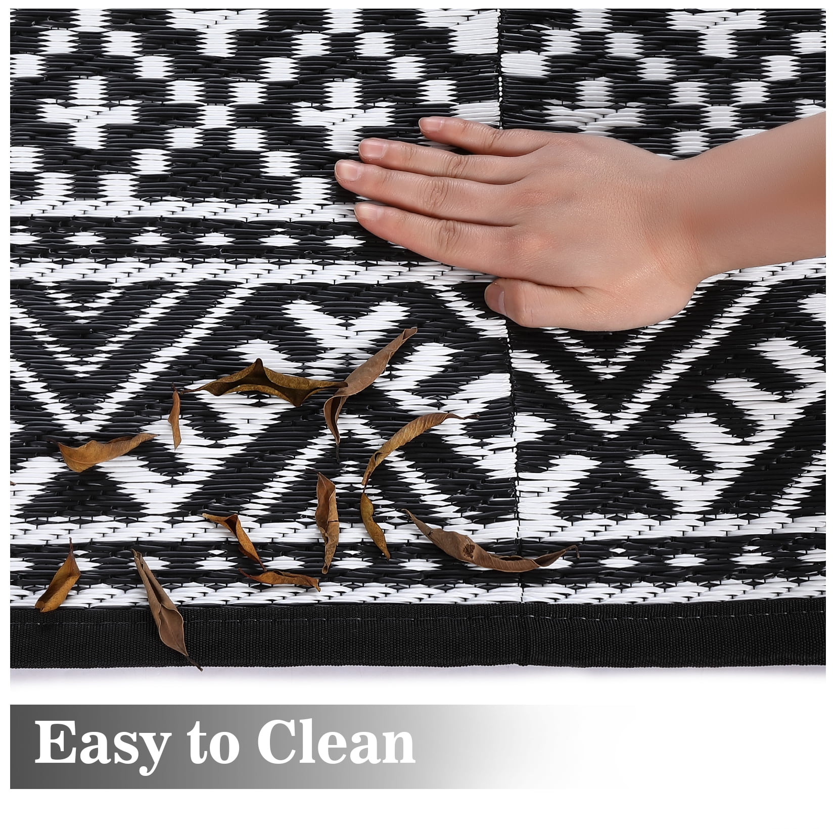 HIWEAVER 9' x 12' Black/White Outdoor Rug PP Plastic Straw Woven Waterproof Patio Rug with Border Portable Outside Carpet for Balcony Deck Picnic Garden Decor