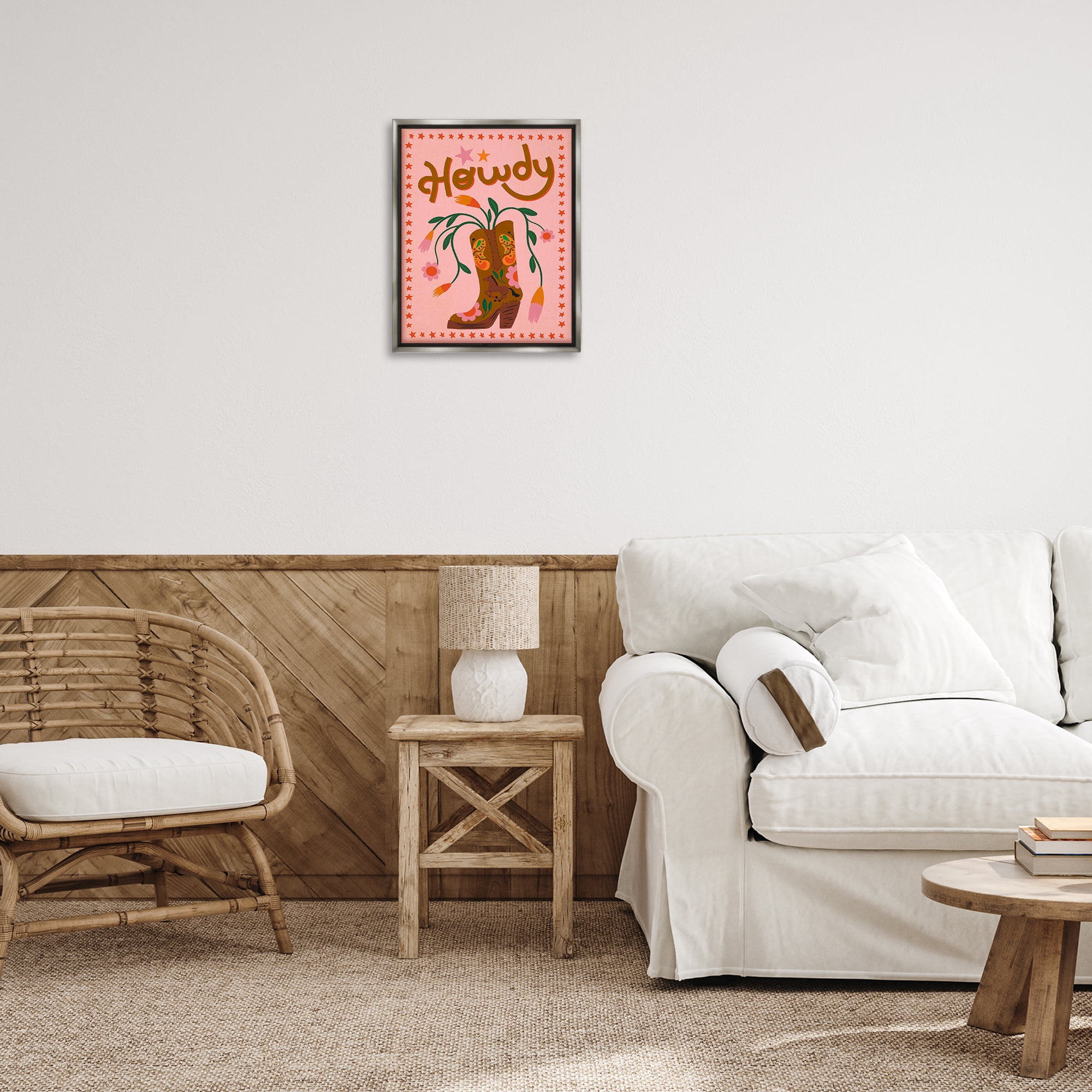 Stupell Industries Howdy Floral Cowgirl Boots Entertainment Painting Gray Floater Framed Canvas Art Print Wall Art, 17 x 21