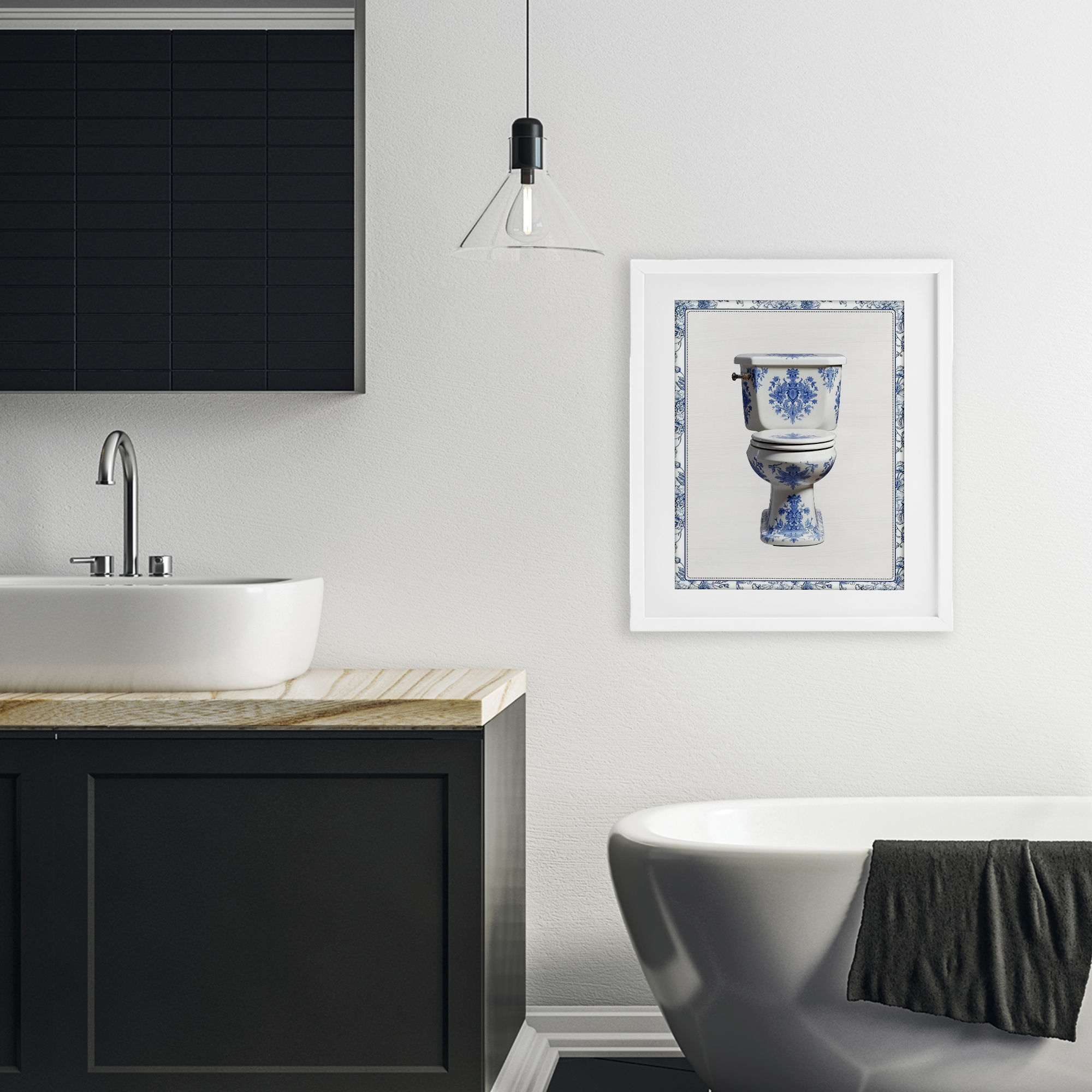Vintage Chinoiserie Toilet White Framed Print Under Glass, design by Lettered and Lined