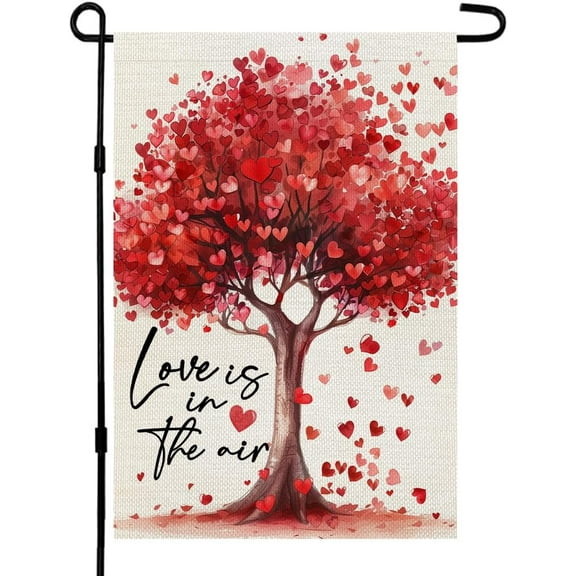 Valentines Day Garden Flag 12x18 Inch Double Sided for Outside Small Burlap Red Love Heart Tree Holiday Yard Decoration