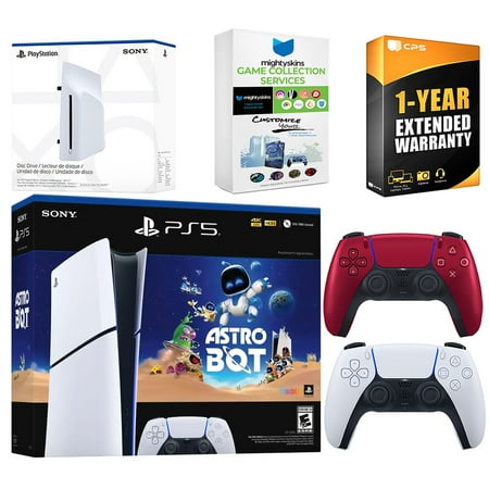 Sony PlayStation 5 Astro Bot Slim Digital Bundle with Disc Drive, Extra Controller, MightySkins Game Collection Services and 1 Year Extended Warranty - Volcanic Red
