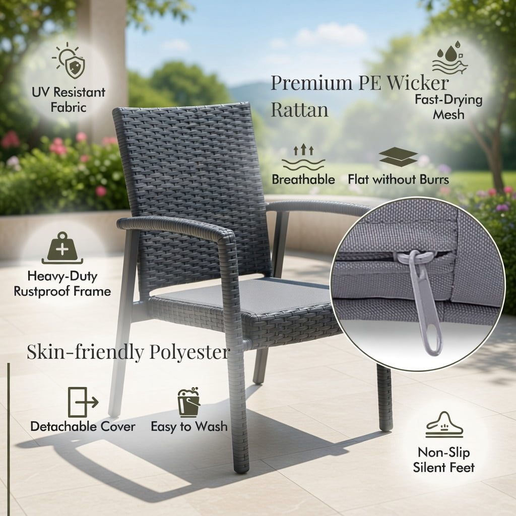 Hommoo 3-Piece Outdoor Patio Furniture Set, PE Rattan Chairs with Cushions & Tempered Glass Coffee Table for Backyard, Porch, Garden, Gray