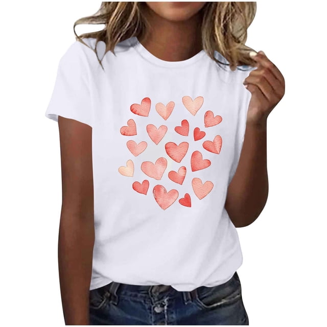Camiseta de Manga Corta de Cuello Redondo con Patrones de Corazón de Moda de las Mujeres para Diario, Fiesta, Primavera Y Verano