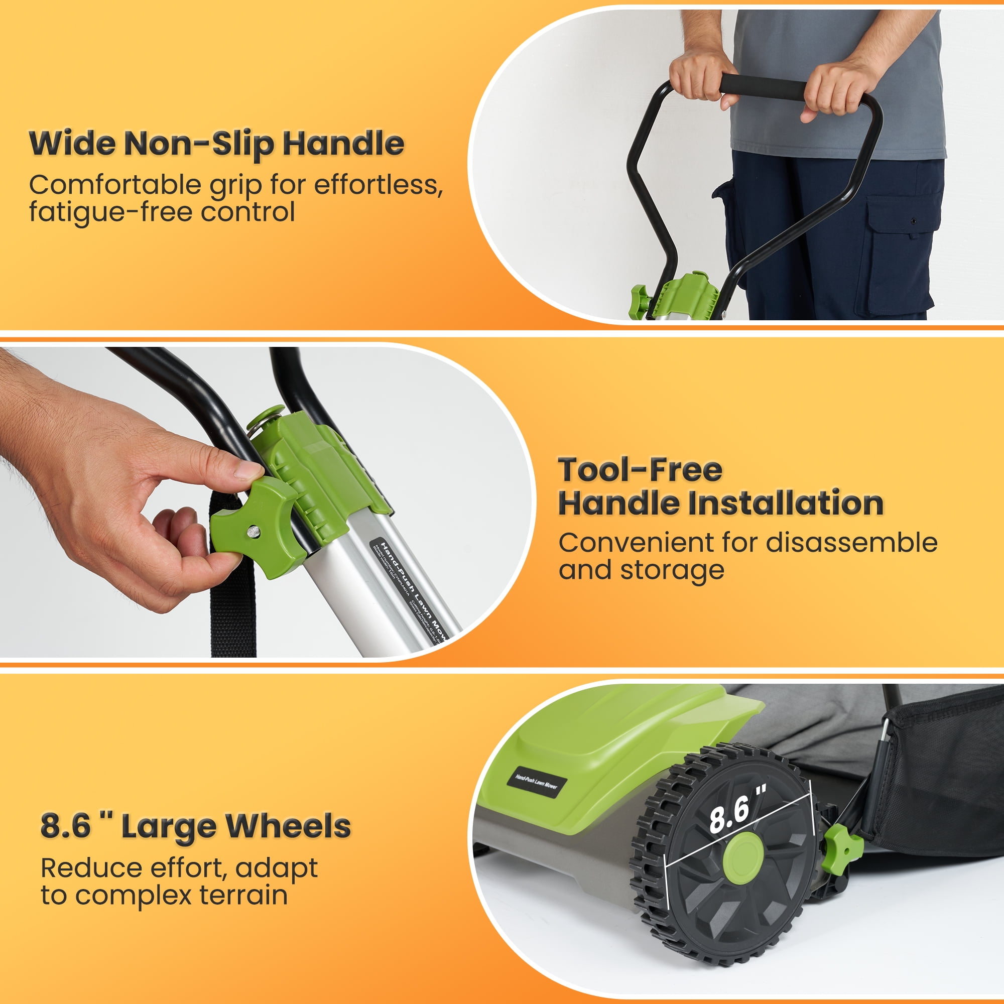 Naipo Push Reel Lawn Mower, 16-in 5-Blade for 6 Height Adjustable(0.6~1.6) Manual Lawn Mower with 8-Gallon Grass Bag, for Small Lawns, Green