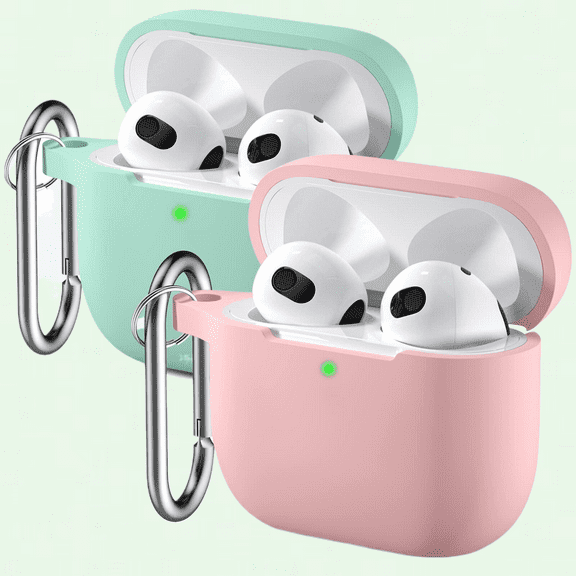 Silicone Protective Case Cover for AirPods 3rd Gen 2021, Pink/Turquoise, Visible LED, 2 Carabiners