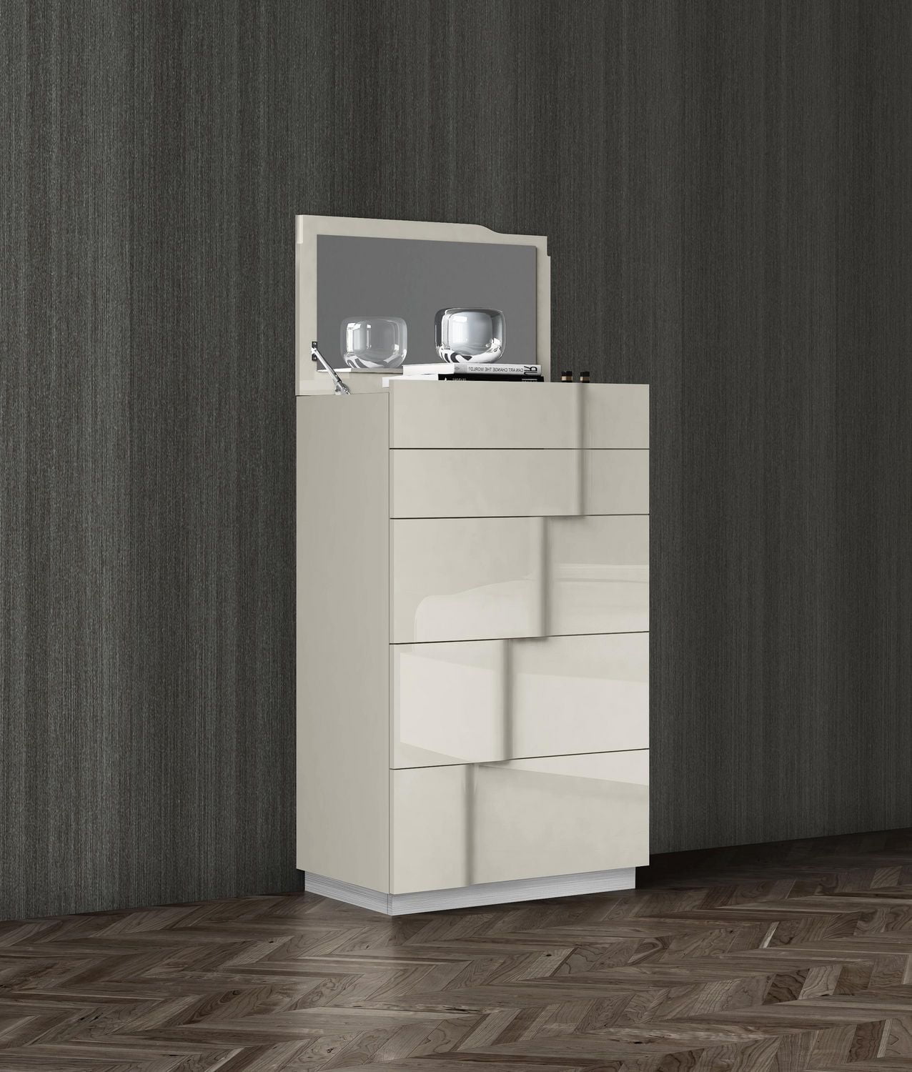 K-Living Latina Solid Wood Chest with Built in Mirror & Jewellery Storage in Light Grey Lacquer Finish