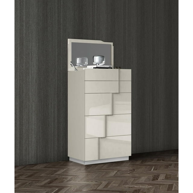 K-Living Latina Solid Wood Chest with Built in Mirror & Jewellery Storage in Light Grey Lacquer Finish