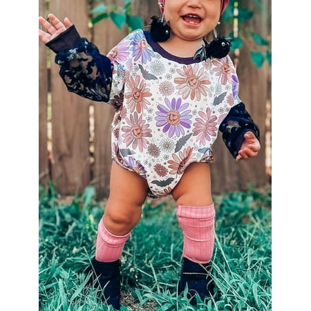 

Autumn Baby Girls Rompers Halloween Pumpkin Flower Print Mesh Patchwork Long Sleeve Jumpsuits